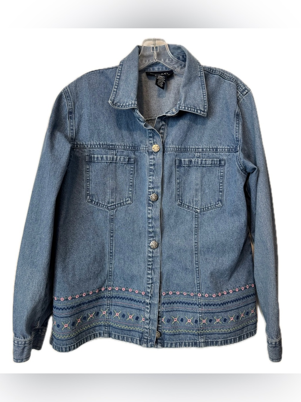 Denim & Co Embroidered Denim Jacket Medium Floral Button Front Cottagecore Boho